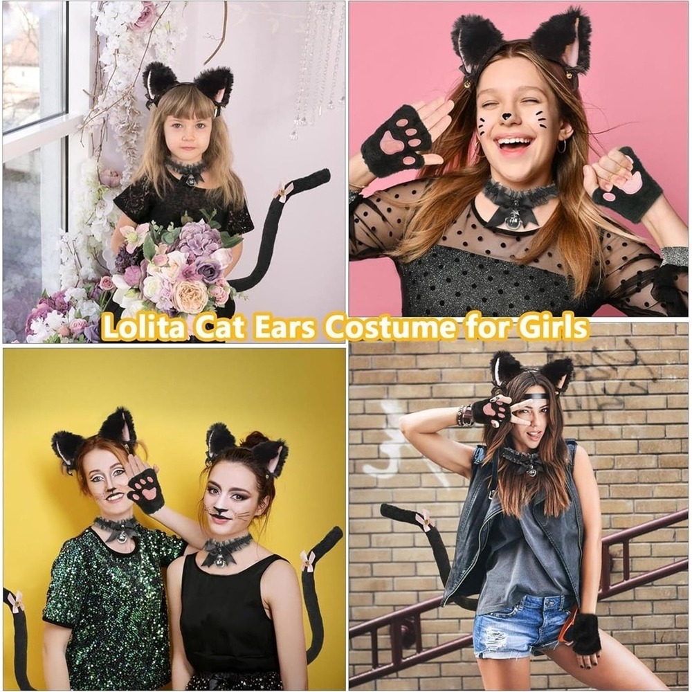 Halloween Plush Cat Animal Costume Set Ears, Paw Gloves, Choker, Headband & Tail - Picture 7 of 10